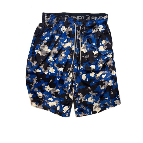 AND1 Black Blue Shapes Basketball Shorts Mens L - Picture 1 of 4